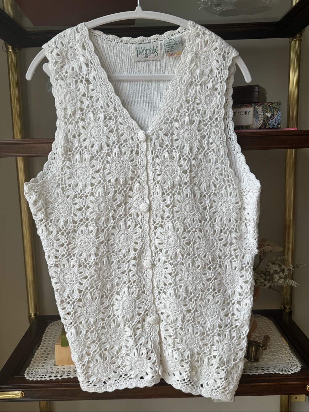 Vintage Northern Traditions White Cotton Crochet Floral Vest M